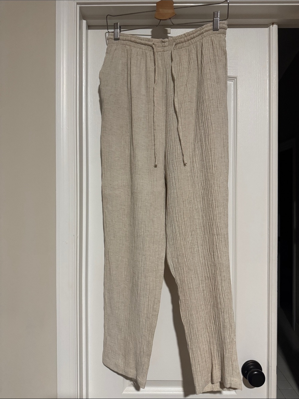 Women's Beige Drawstring Linen-Blend Pants